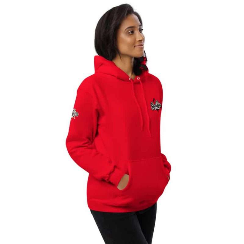 unisex fleece hoodie athletic red right front 6061c6774719e