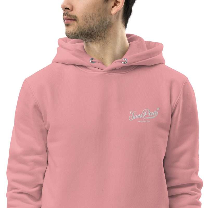 unisex essential eco hoodie canyon pink zoomed in 6348ac7901374